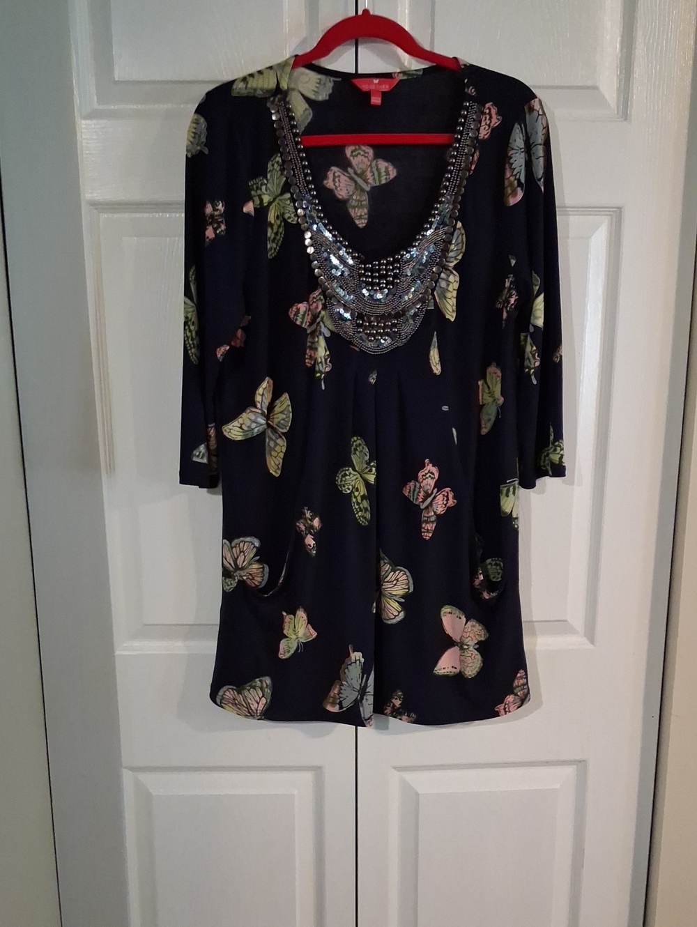 Embellished Butterfly Tunic Top - Navy with Pastel Butterflies